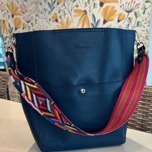 Bostanten Lotty Leather Hobo Bag in Navy Blue with Colorful Strap